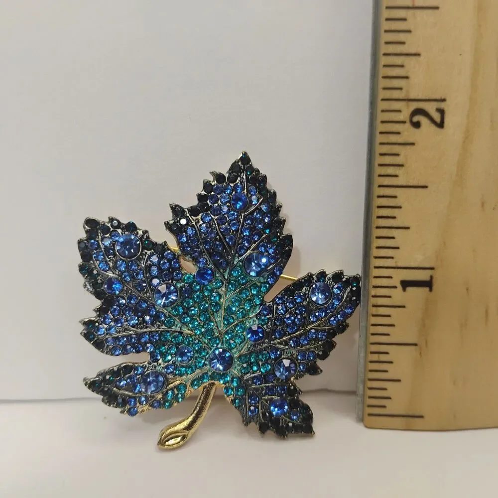 Maple Leaf Brooch Blue Shades Rhinestones Fashion Pin Jewelry Autumn Statement
